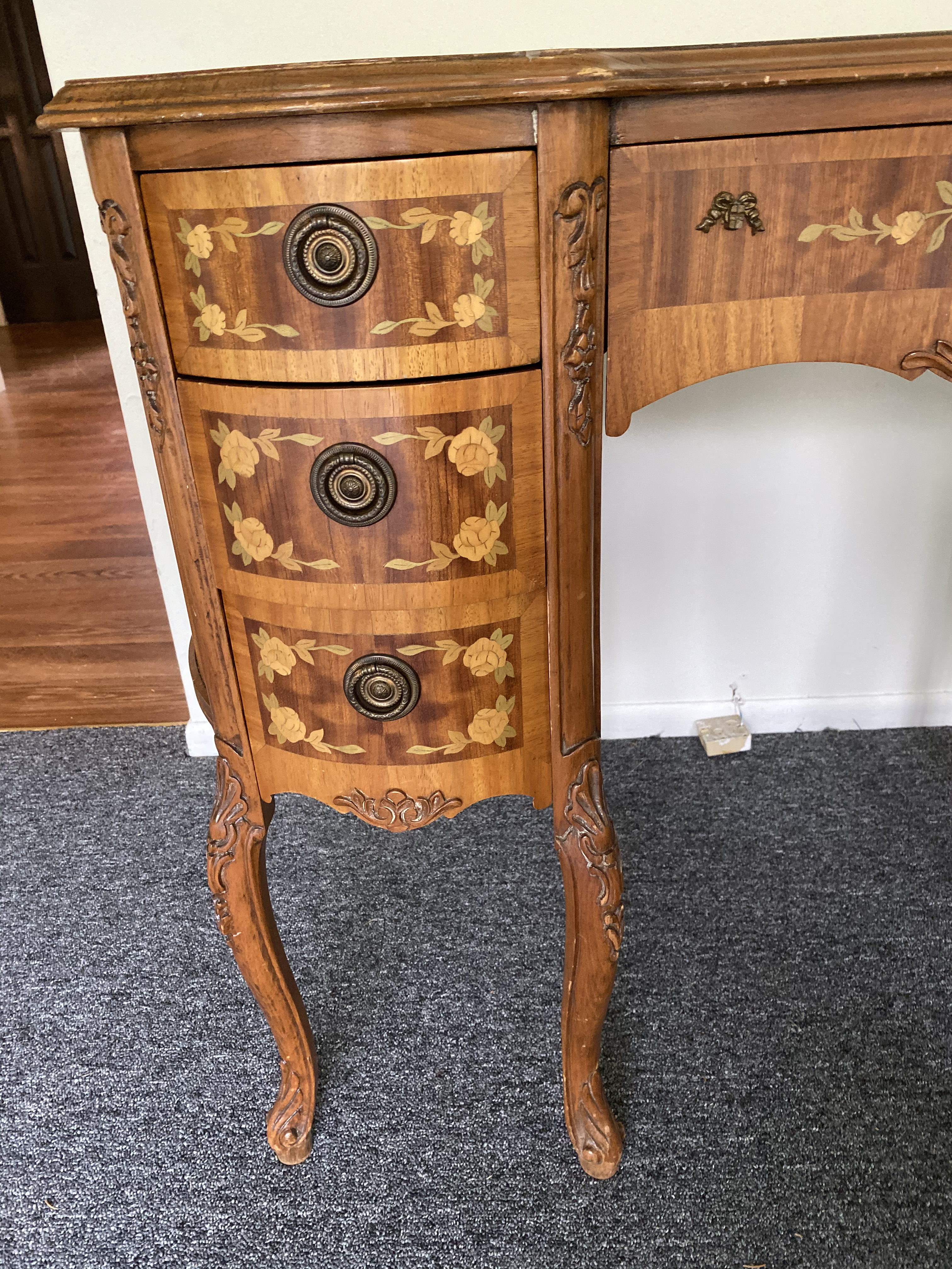 Vintage French Provincial Inlaid Carved Kidney Shaped Ladies Writing Desk